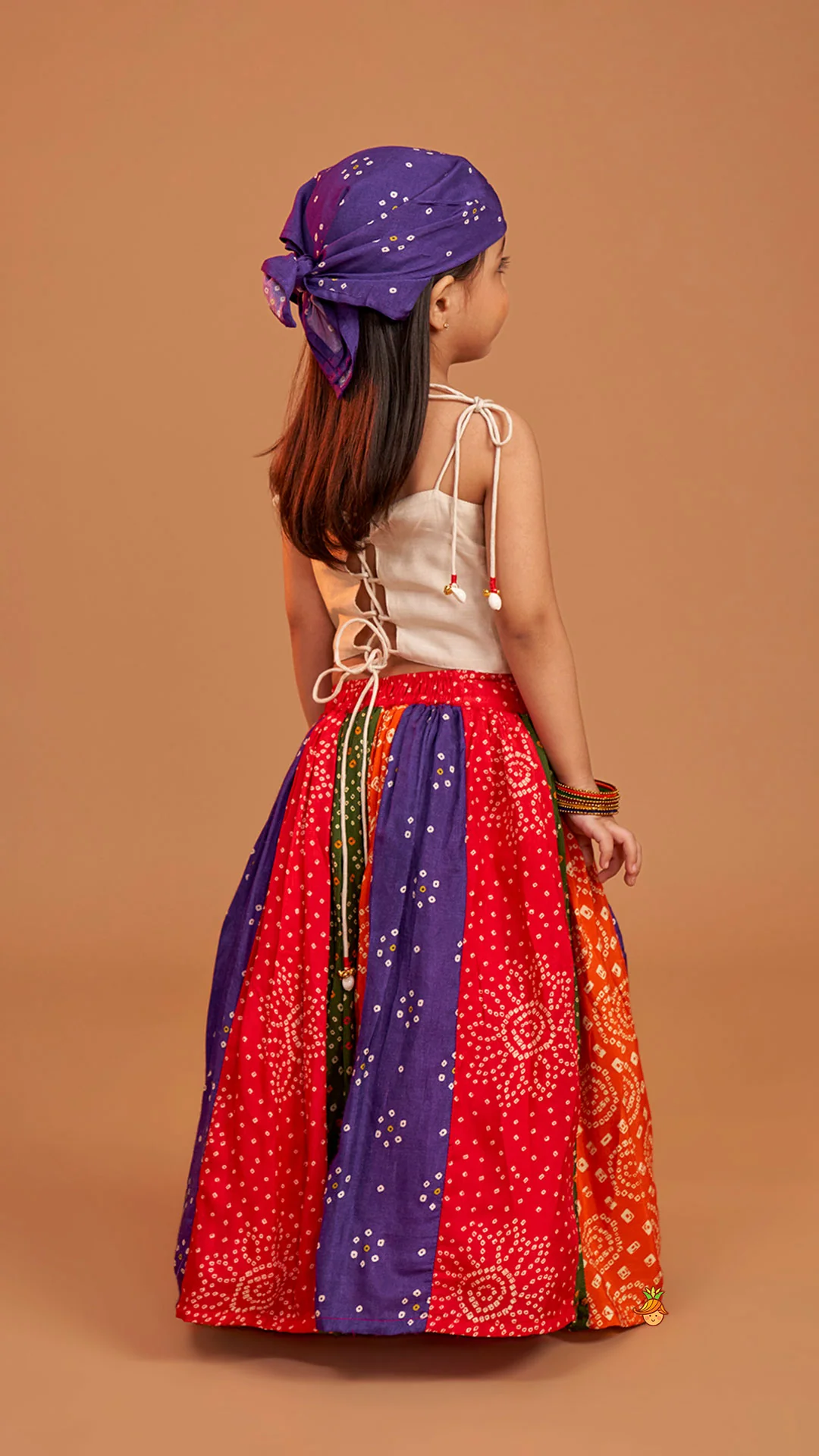 Beautiful Mirror Hand Embroidered Tie-up Top With Multicolour Bandhani Printed Lehenga And Bandana - Image 8