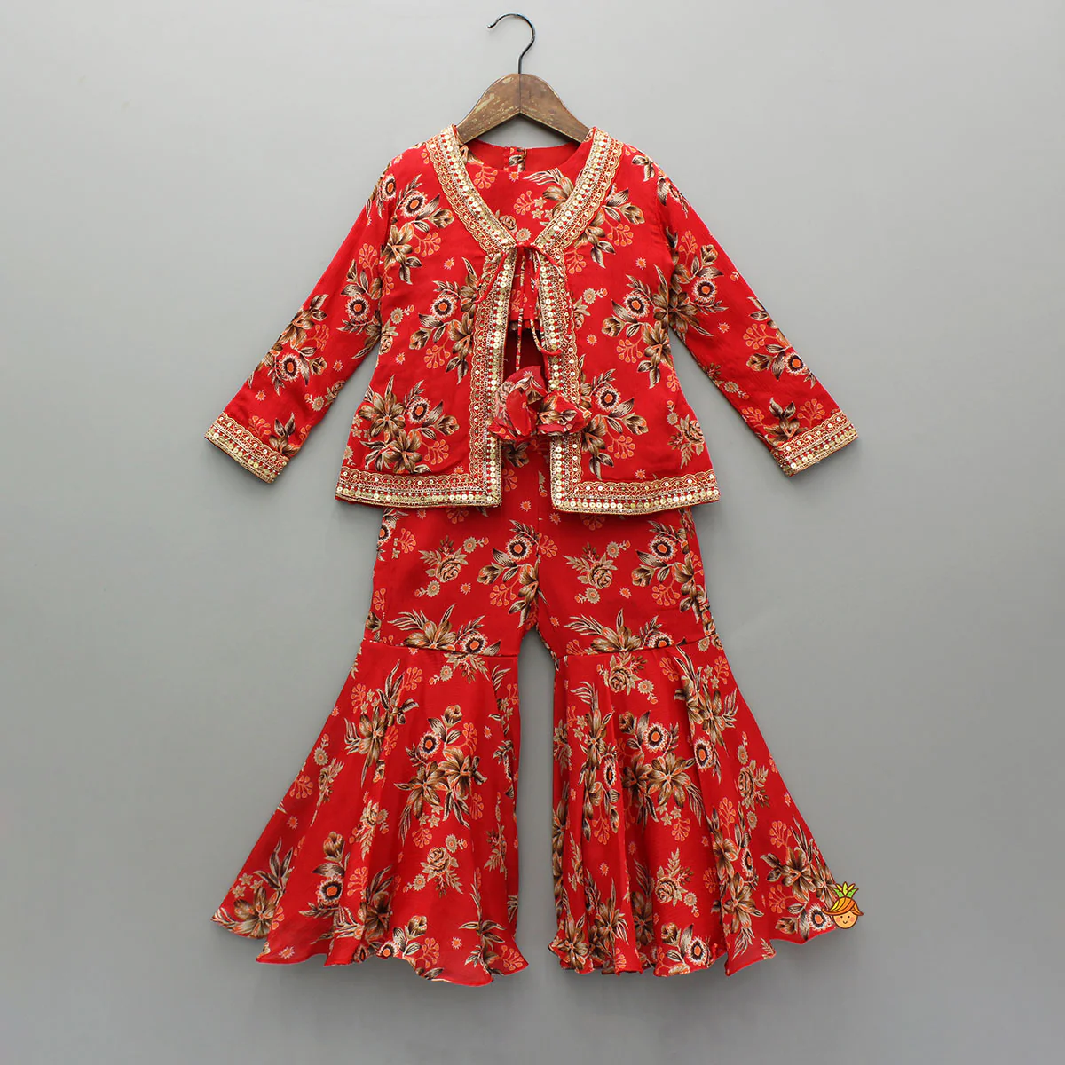 Beautiful Red Floral Printed Top With Tie-Up Jacket And Sharara
