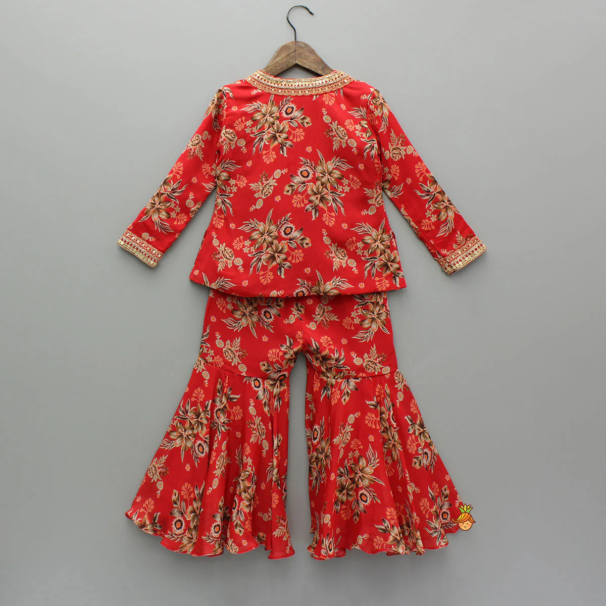 Beautiful Red Floral Printed Top With Tie-Up Jacket And Sharara - Image 2
