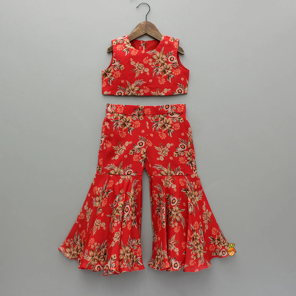 Beautiful Red Floral Printed Top With Tie-Up Jacket And Sharara - Image 3