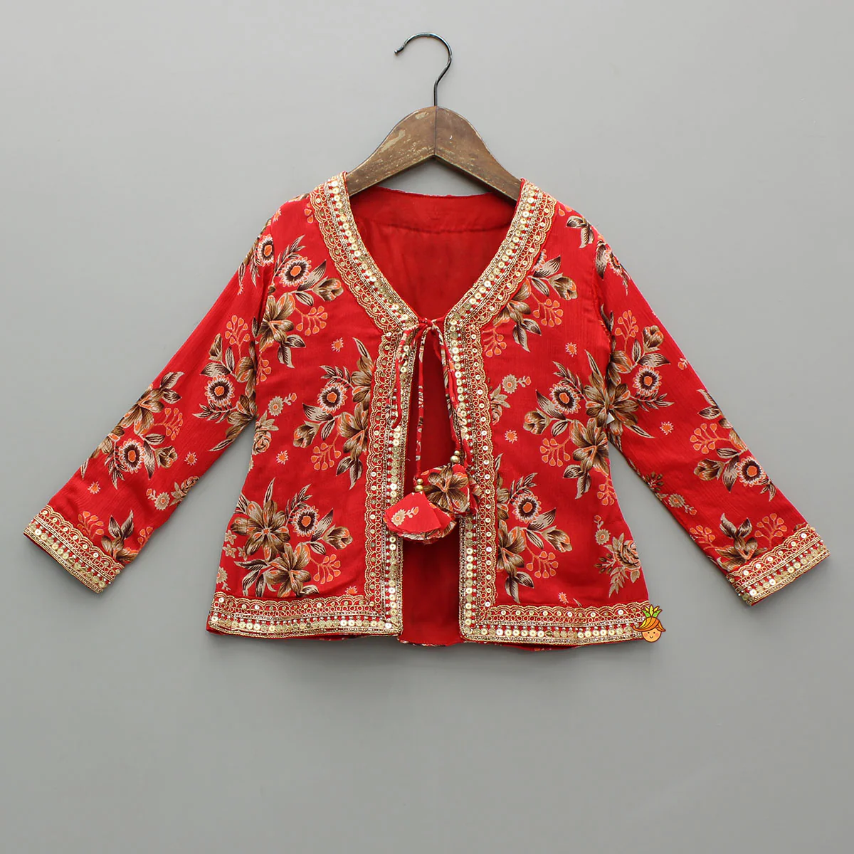 Beautiful Red Floral Printed Top With Tie-Up Jacket And Sharara - Image 6