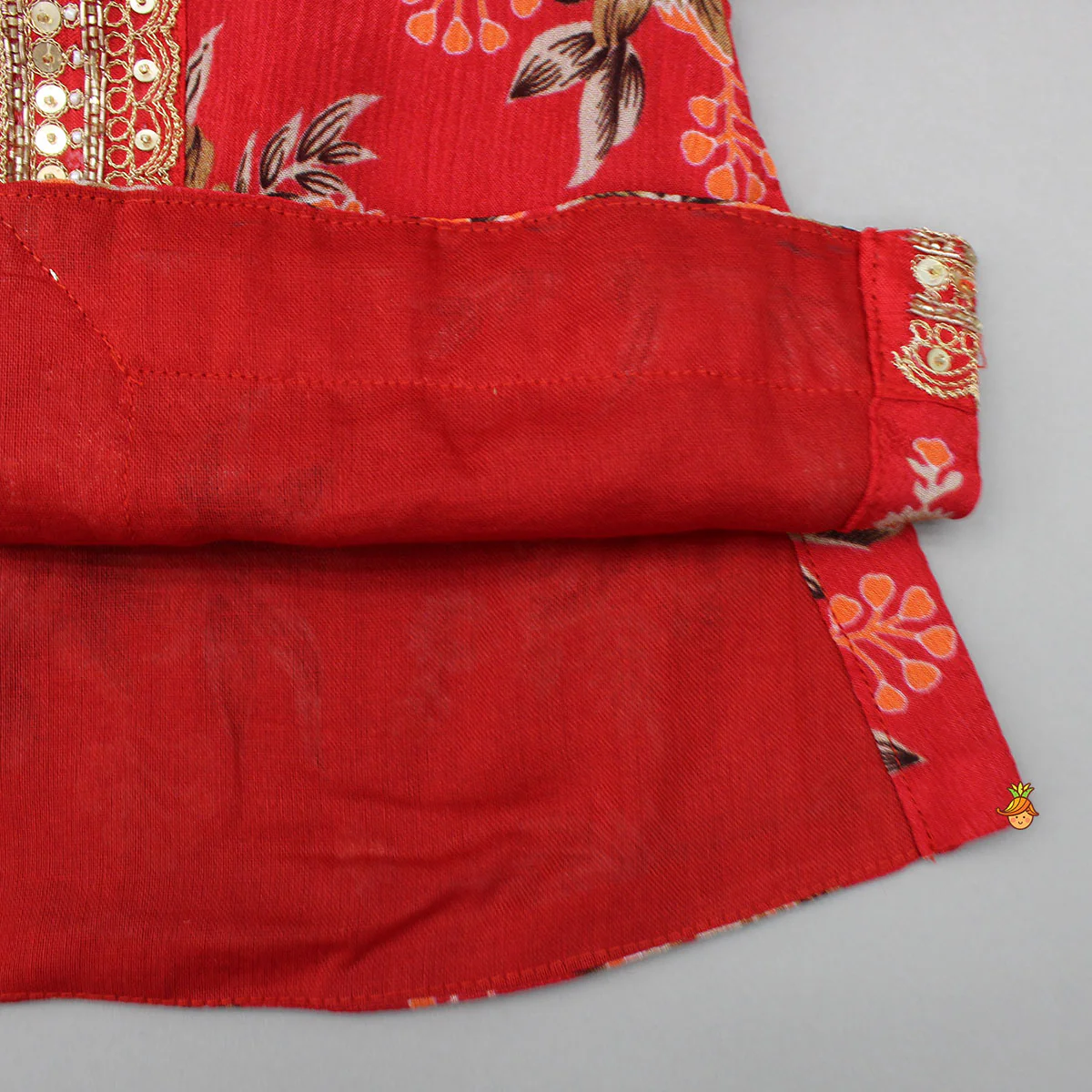 Beautiful Red Floral Printed Top With Tie-Up Jacket And Sharara - Image 8