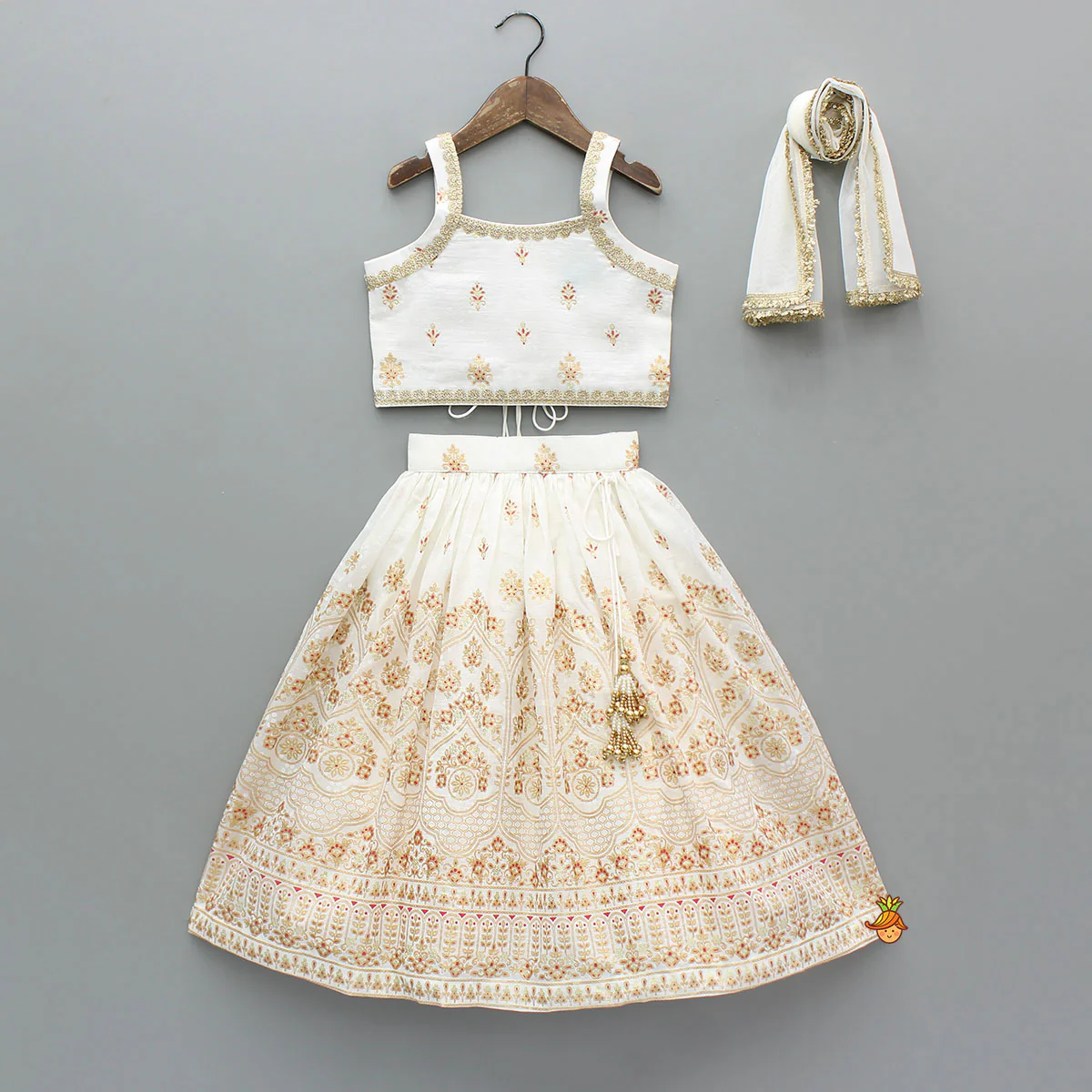 Beautiful Strappy Lace Detailed Top With Matching Lehenga And Dupatta