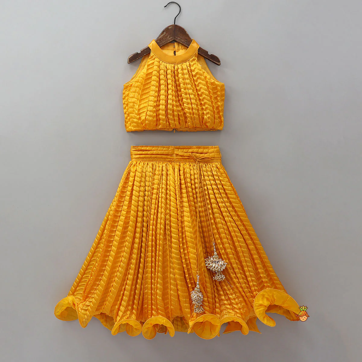 Beautiful Yellow Shimmery Halter Neck Top With Lehenga