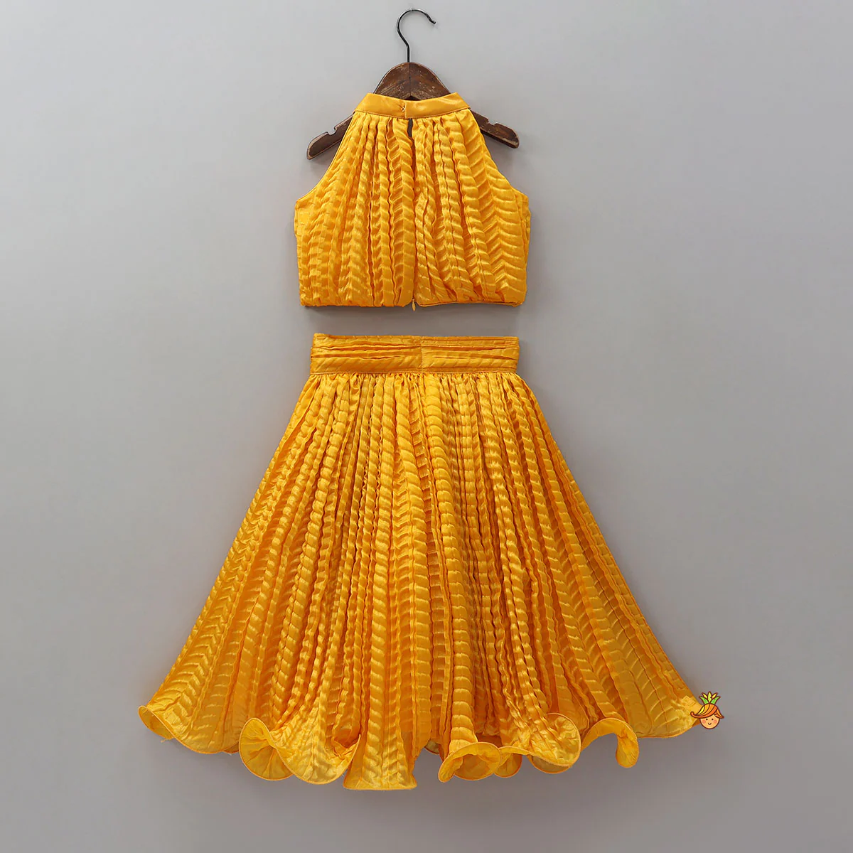 Beautiful Yellow Shimmery Halter Neck Top With Lehenga - Image 2