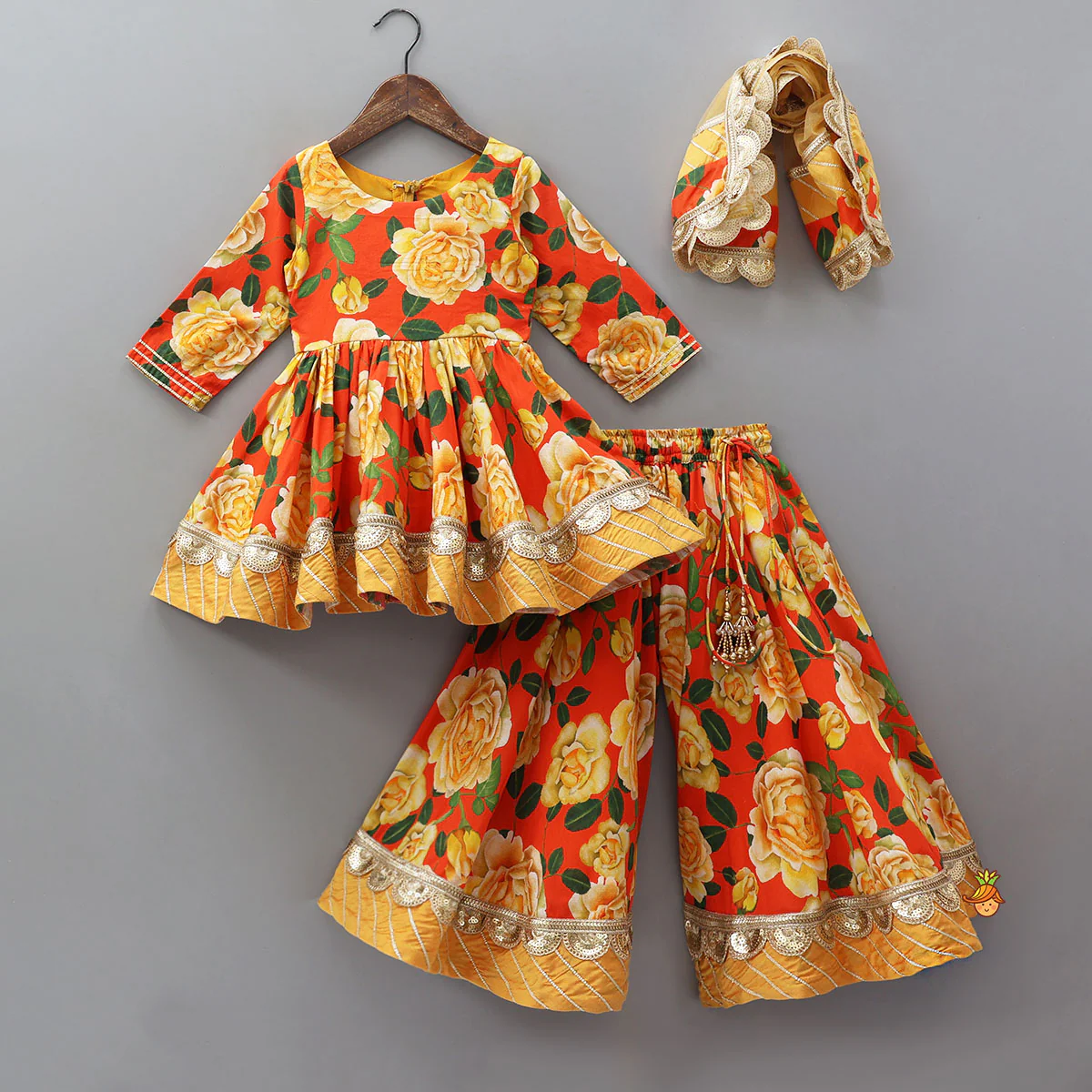 Beautifully Printed Kurti With Flared Palazzo And Matching Dupatta