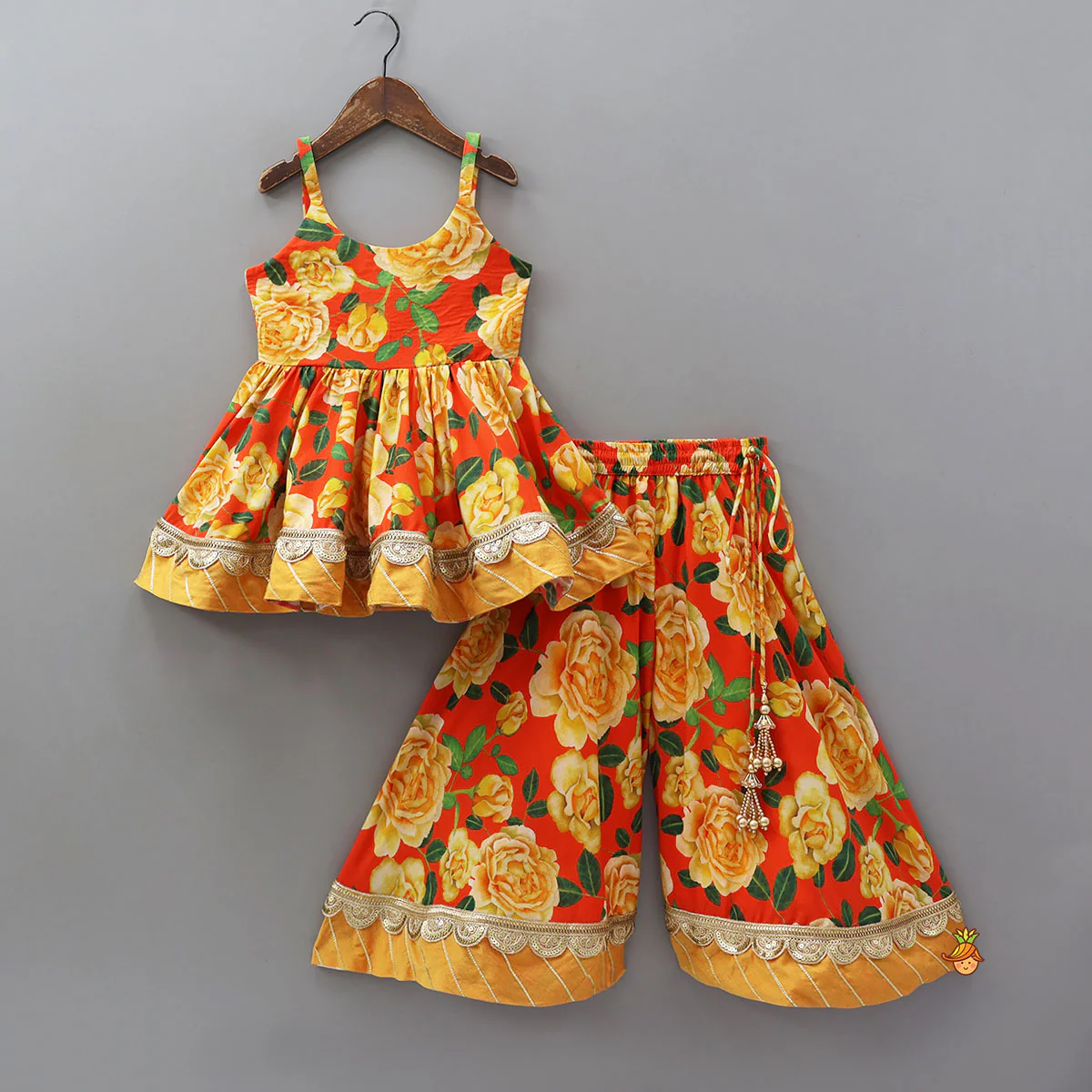 Beautifully Printed Strappy Kurti With Flared Palazzo And Matching Dupatta - Image 3