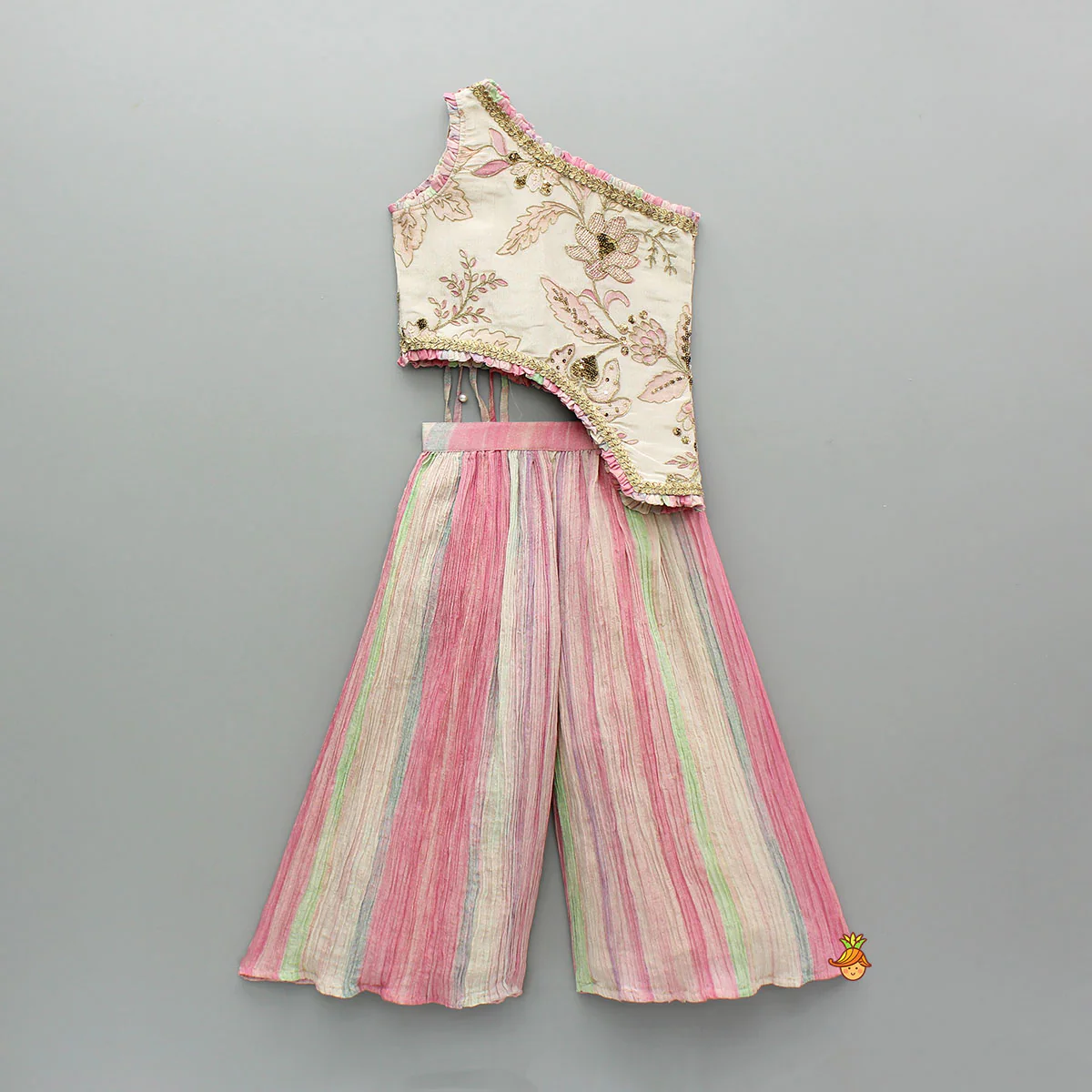Beige Embroidered Top With Crush Tissue Palazzo