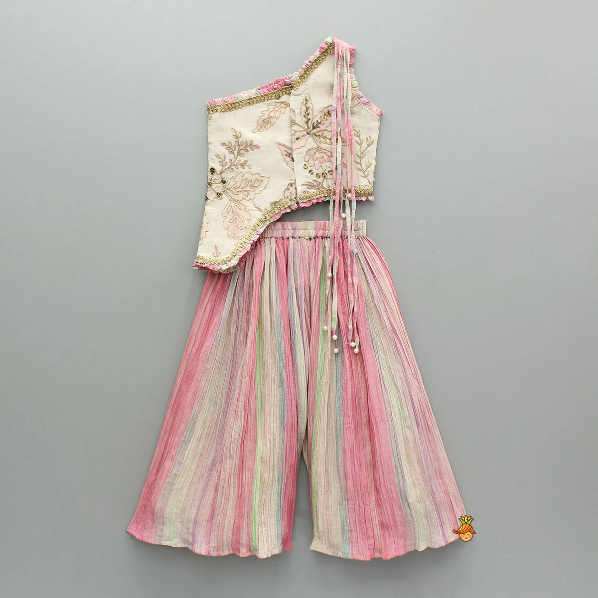 Beige Embroidered Top With Crush Tissue Palazzo - Image 2