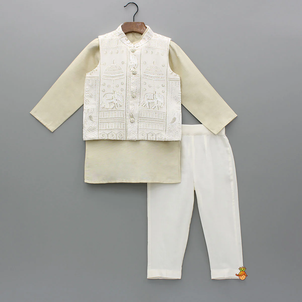 Beige Kurta With Embroidered Jacket And Pant