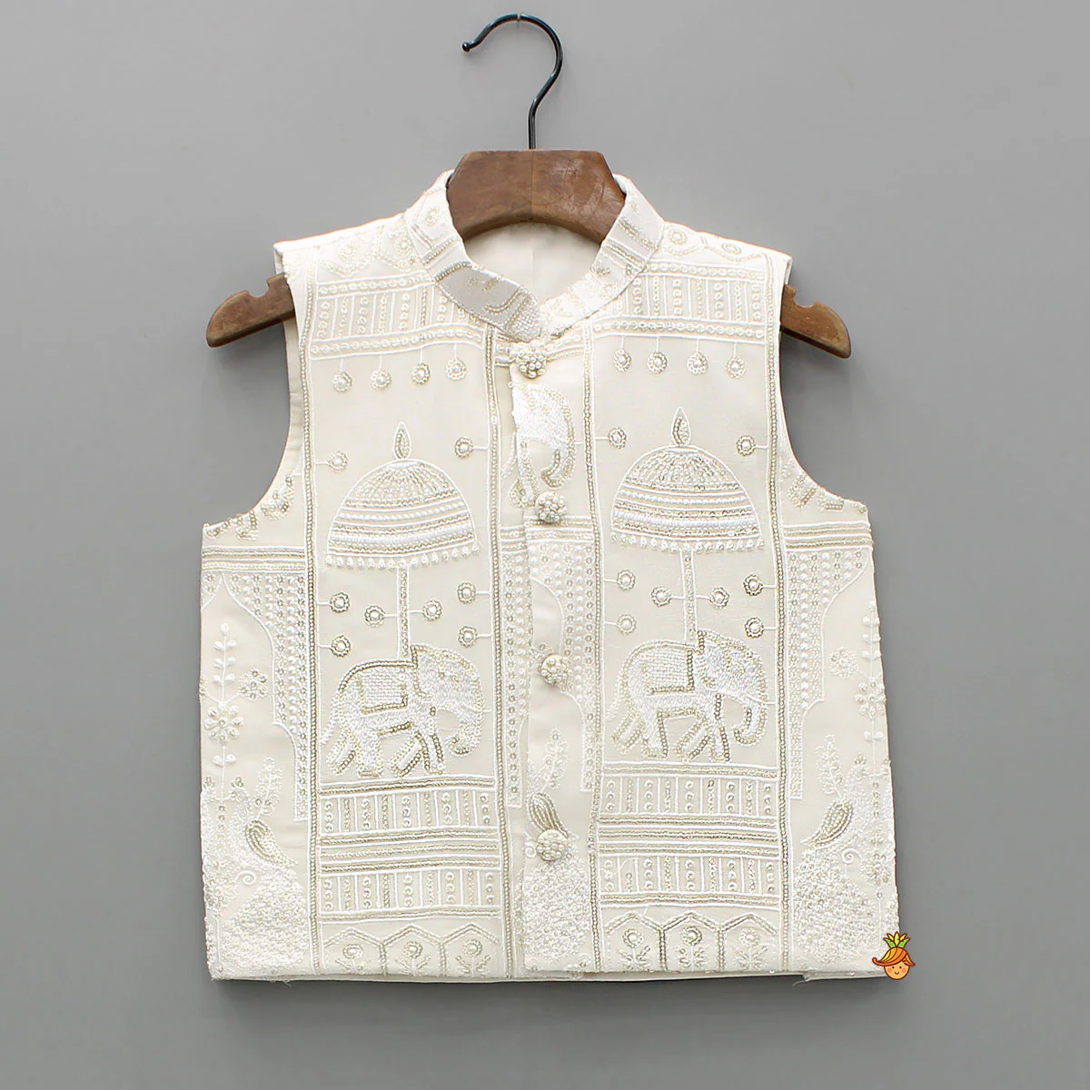 Beige Kurta With Embroidered Jacket And Pant - Image 6