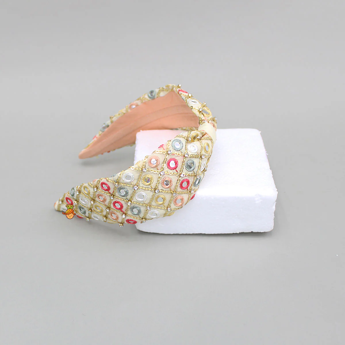 Beige Multicolour Faux Mirror Embroidered Hairband - Image 3