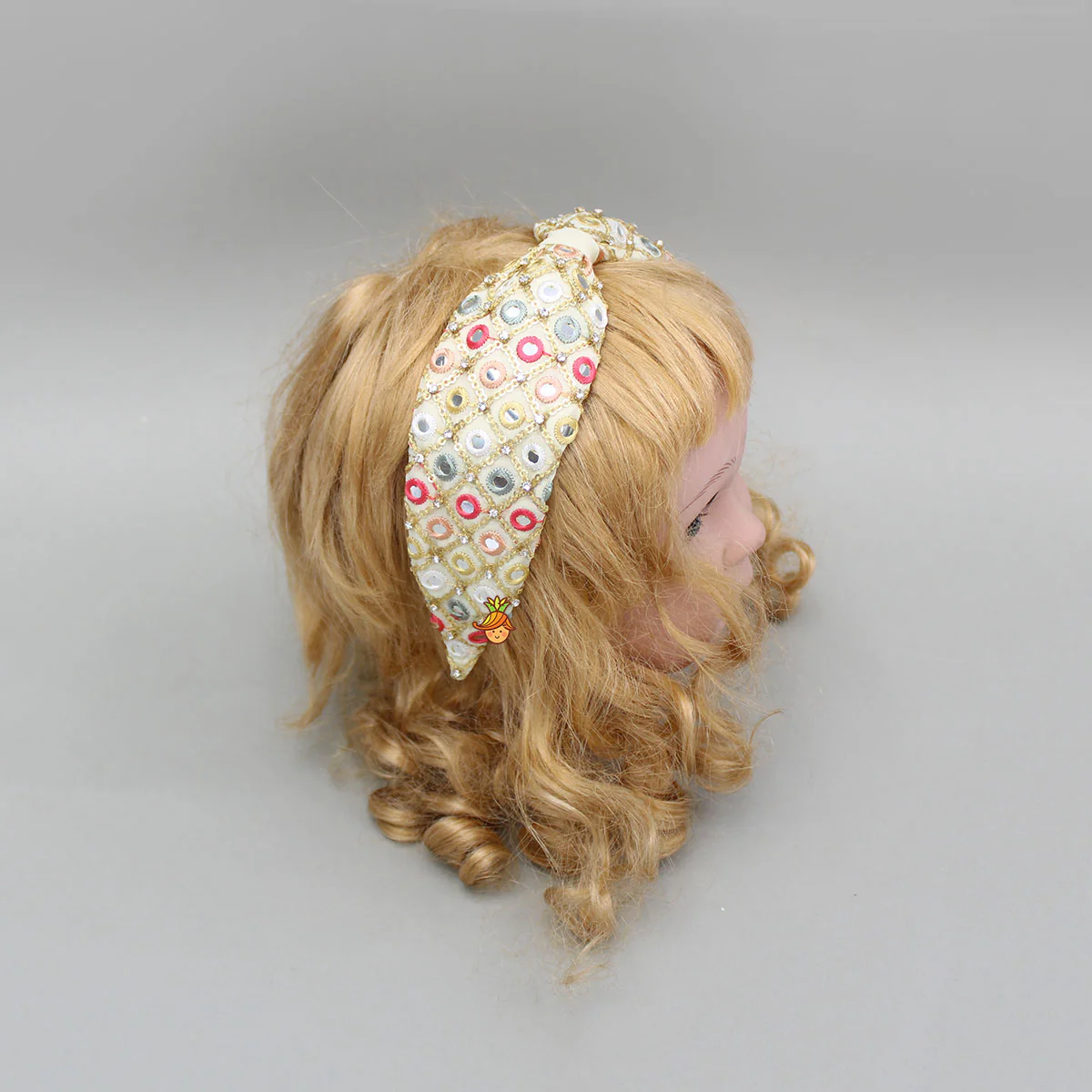 Beige Multicolour Faux Mirror Embroidered Hairband - Image 4