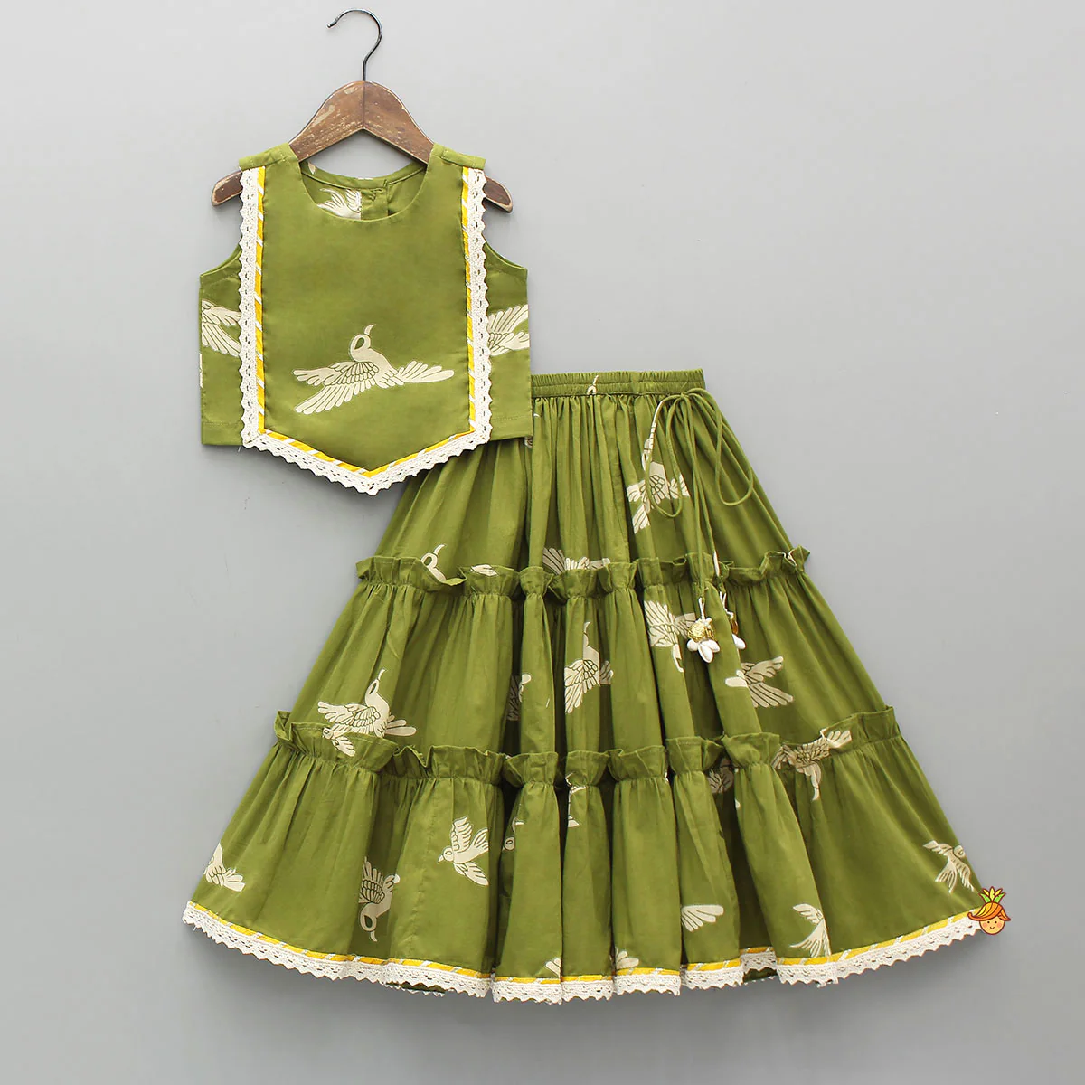 Bird-Printed Sleeveless Top With Tiered Lehenga