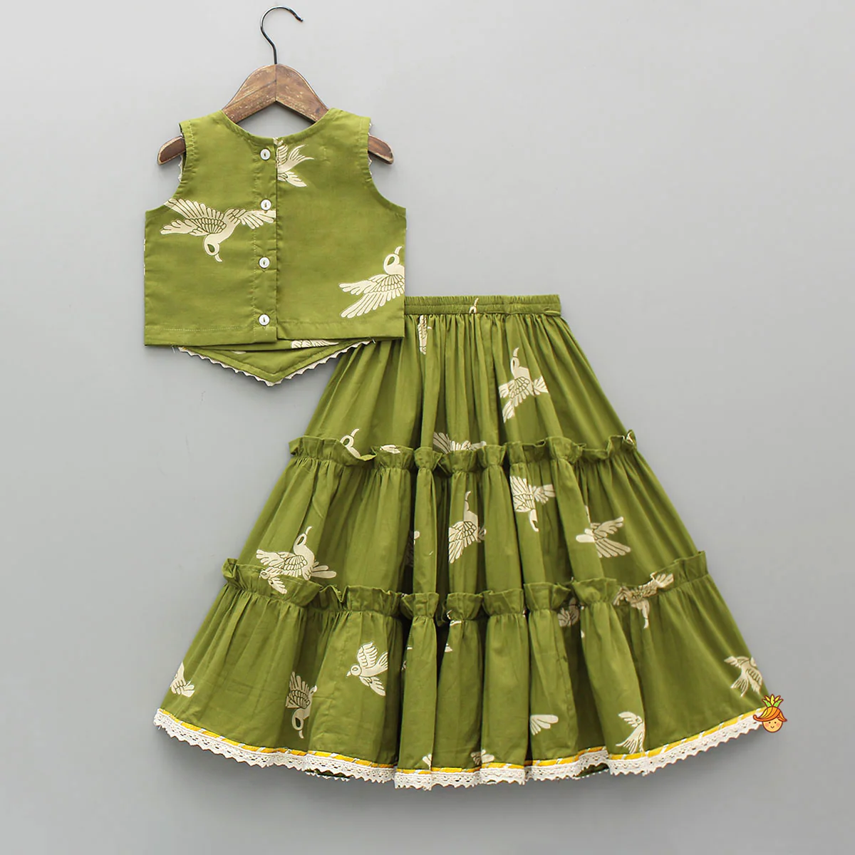 Bird-Printed Sleeveless Top With Tiered Lehenga - Image 2