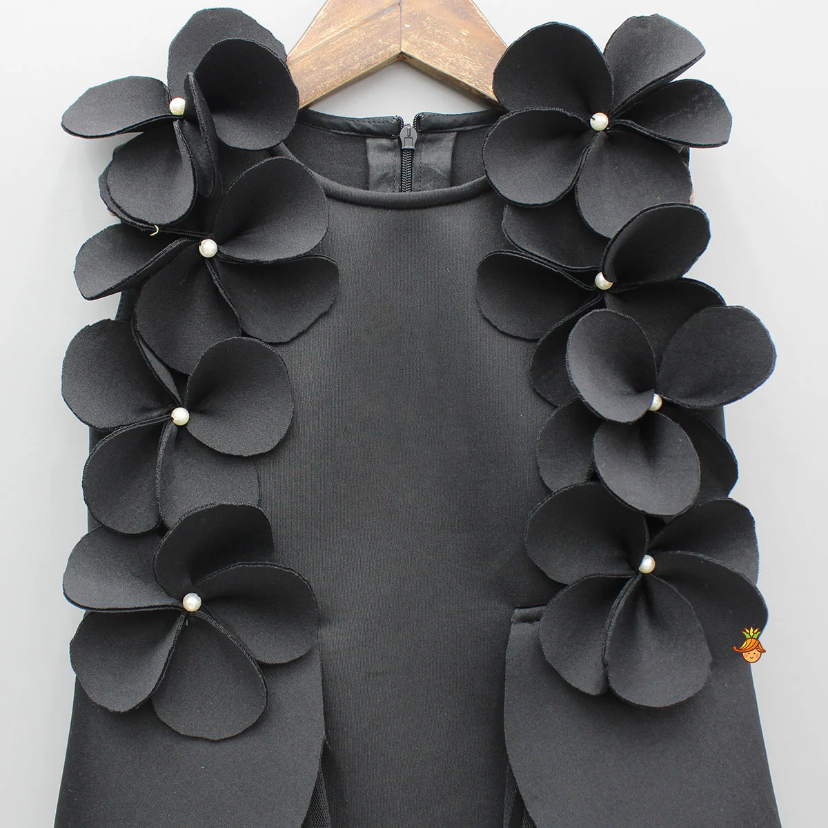 Black Flowers Adorned Net Panel Dress - Image 3
