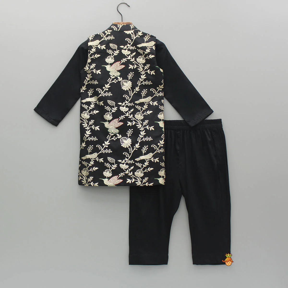 Black Kurta With Embroidered Jacket And Pyjama - Image 2