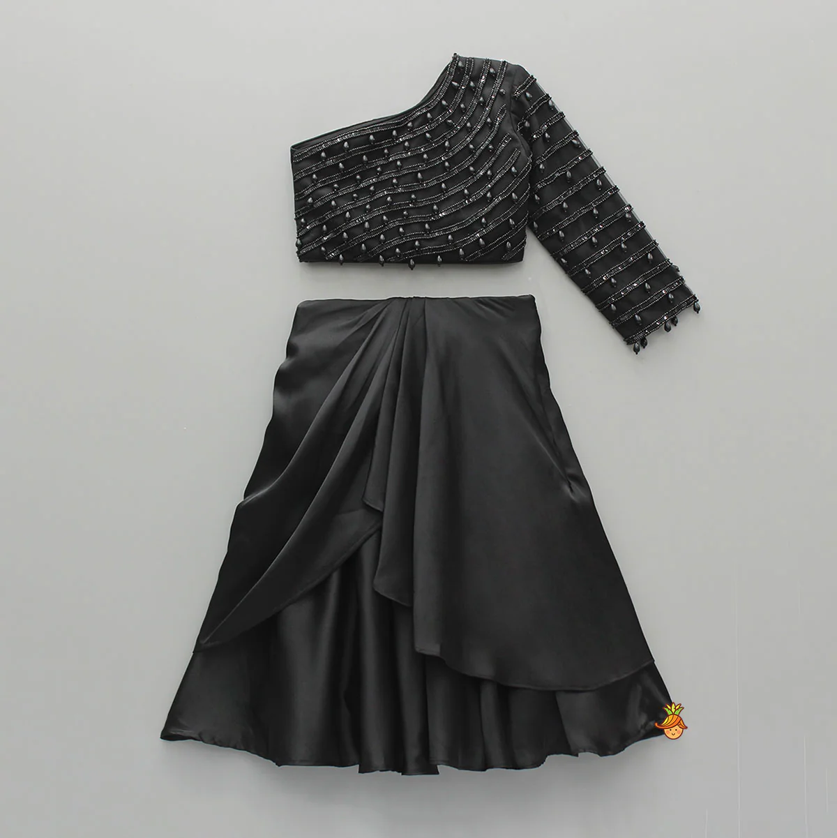 Black One Shoulder Top With Drape Style Skirt