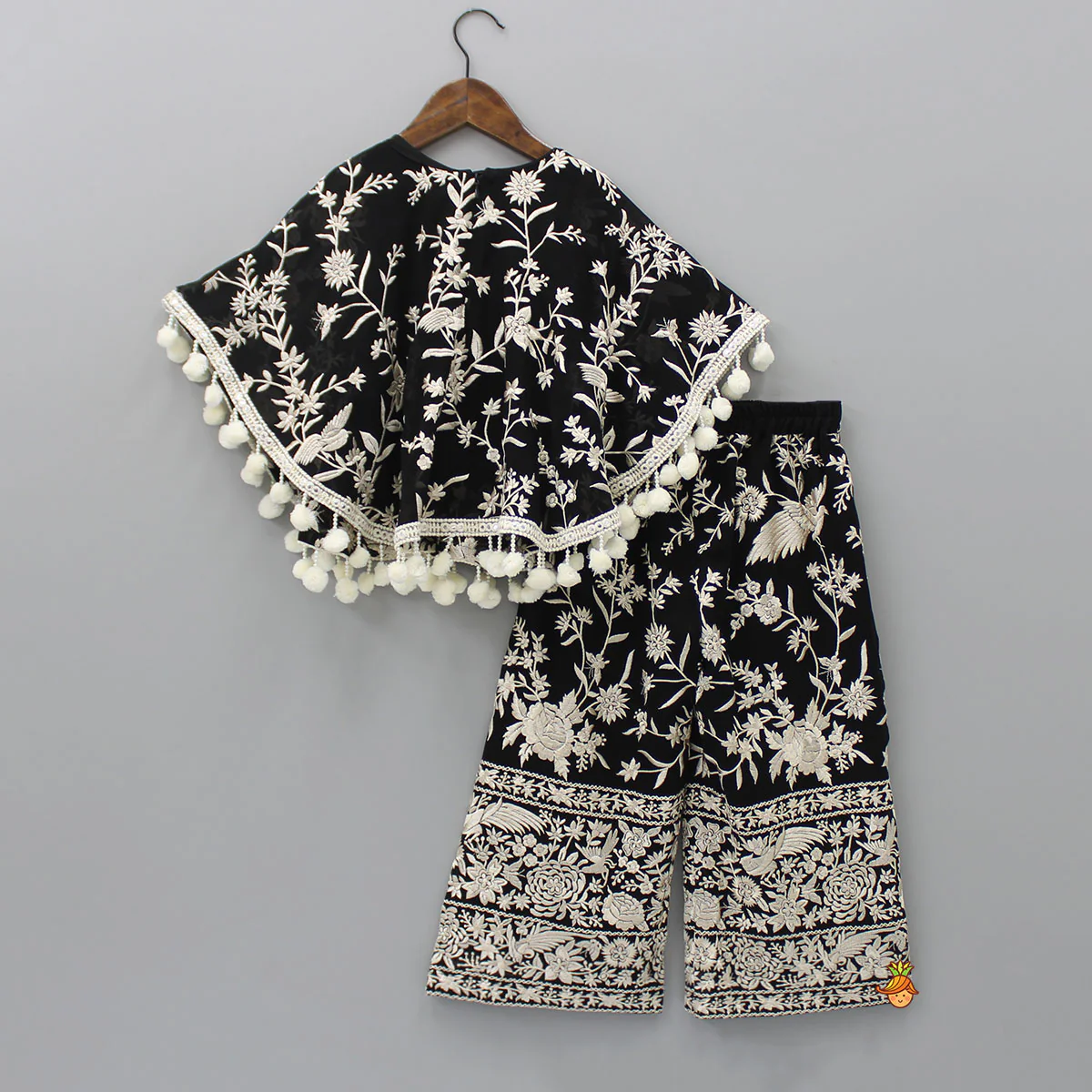 Black Top With Pom Poms Detailed Embroidered Cape And Palazzo - Image 2