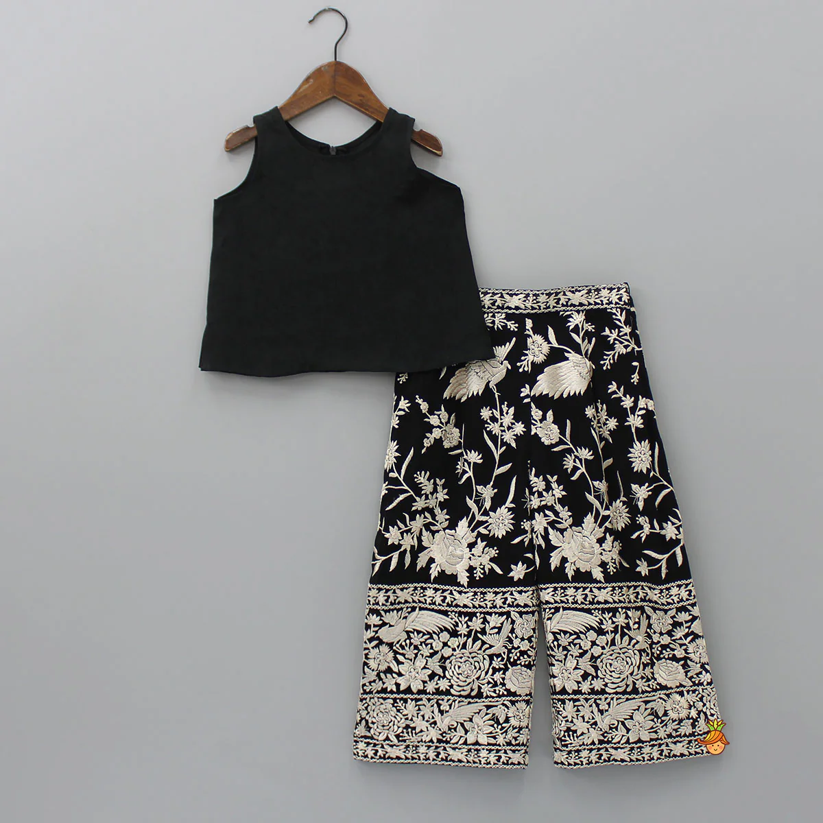 Black Top With Pom Poms Detailed Embroidered Cape And Palazzo - Image 3