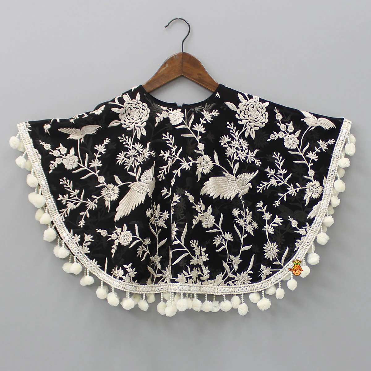 Black Top With Pom Poms Detailed Embroidered Cape And Palazzo - Image 6
