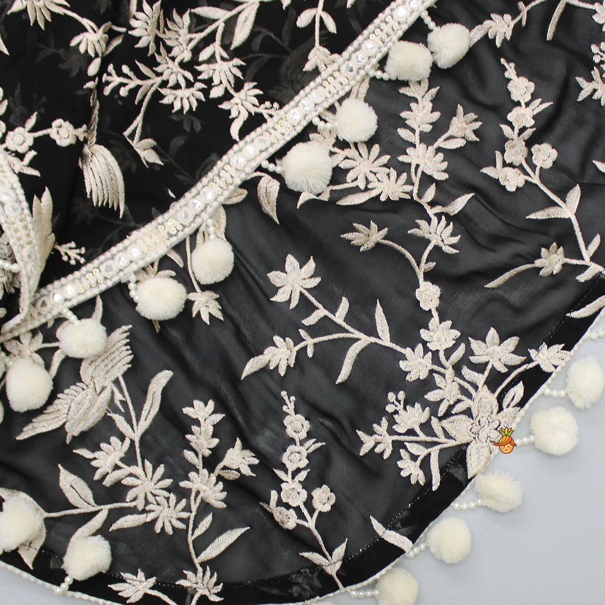 Black Top With Pom Poms Detailed Embroidered Cape And Palazzo - Image 8