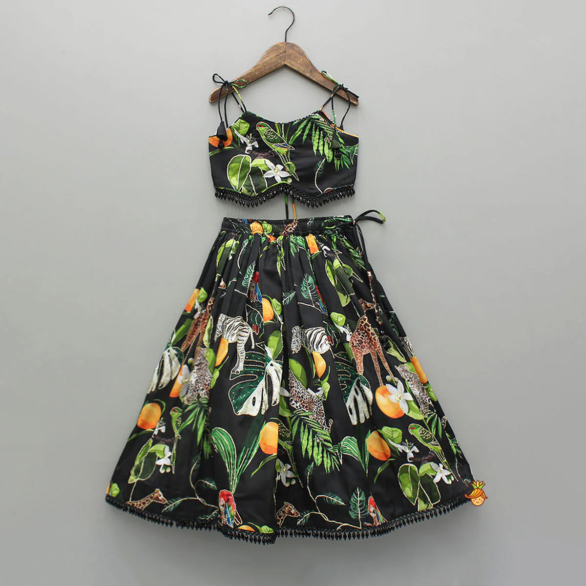 Black Tropical Print Strappy Top With Lehenga