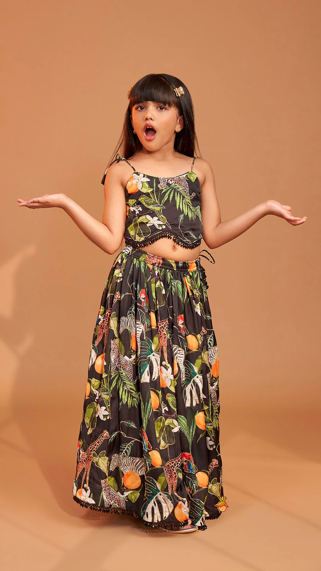 Black Tropical Print Strappy Top With Lehenga - Image 2