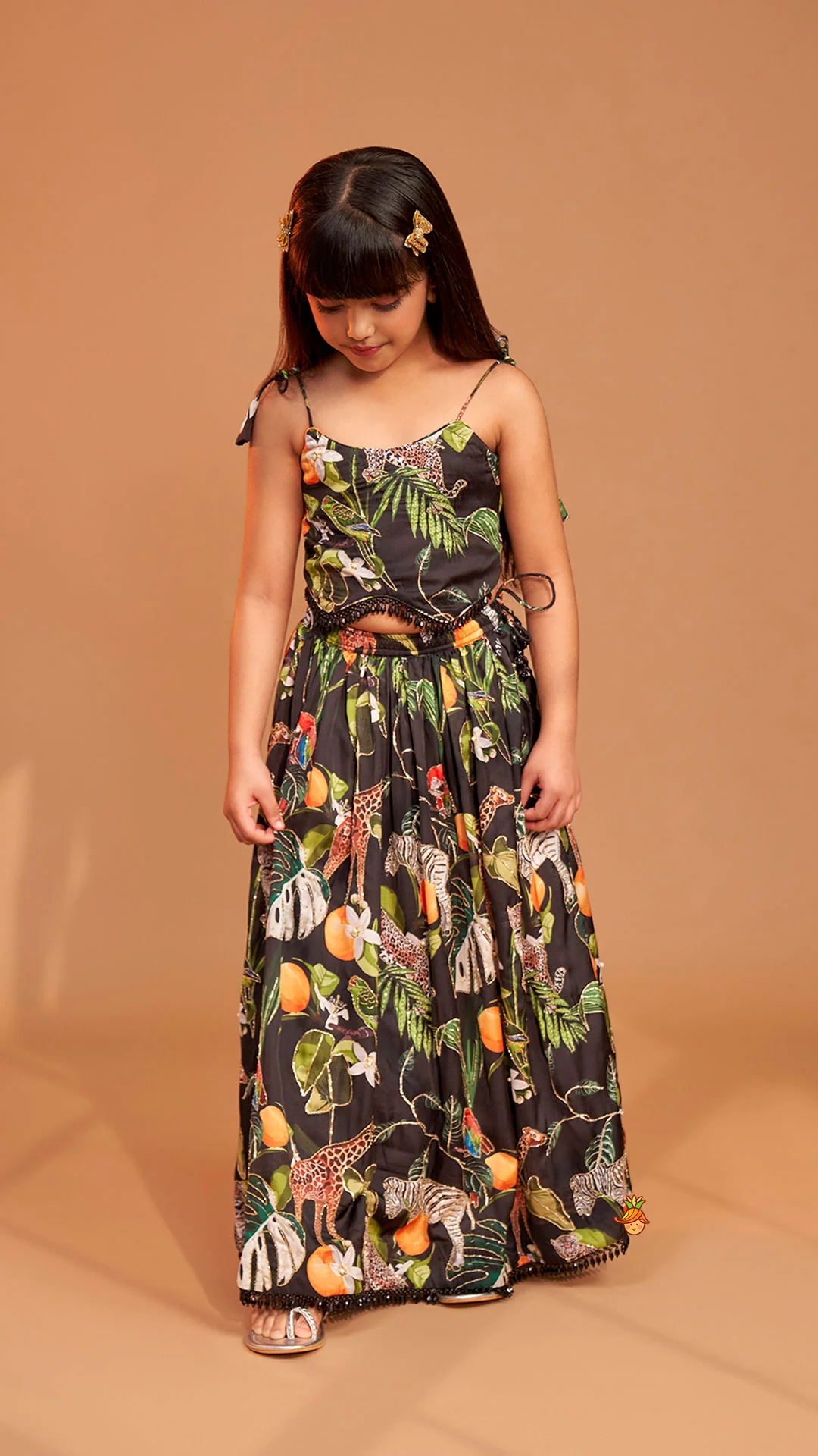 Black Tropical Print Strappy Top With Lehenga - Image 3