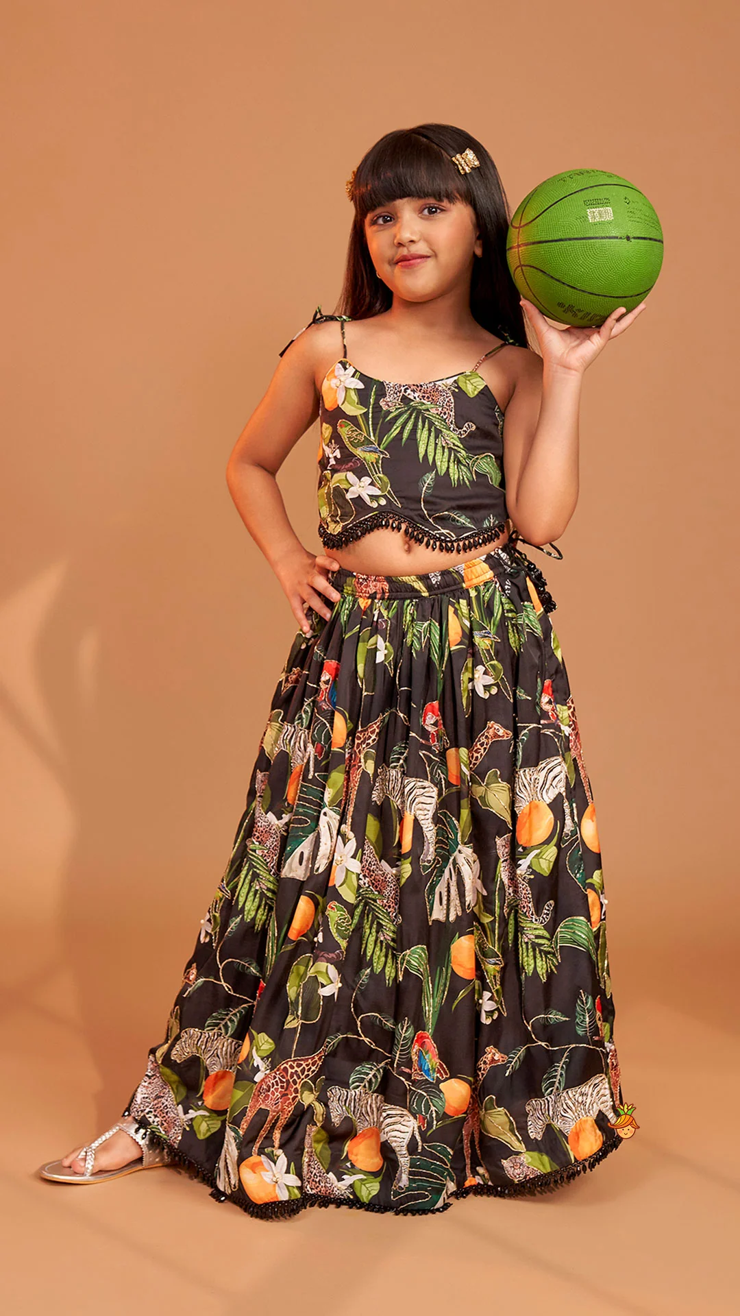 Black Tropical Print Strappy Top With Lehenga - Image 4