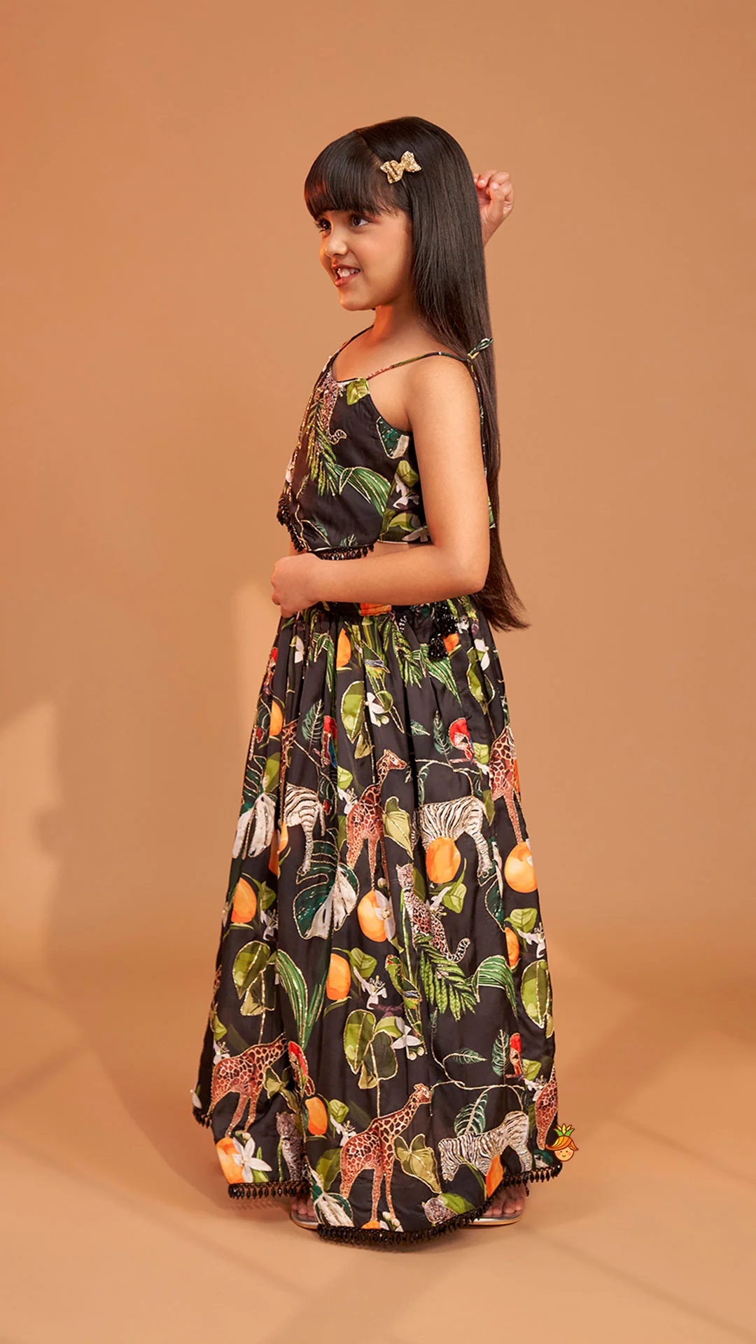 Black Tropical Print Strappy Top With Lehenga - Image 5
