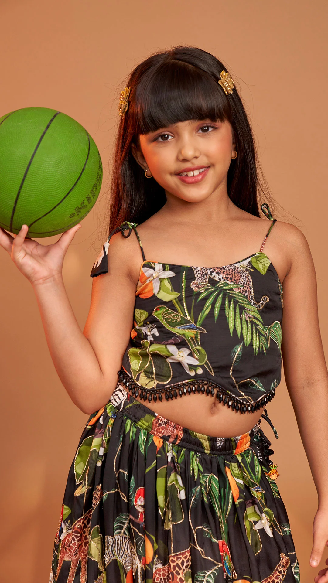 Black Tropical Print Strappy Top With Lehenga - Image 6
