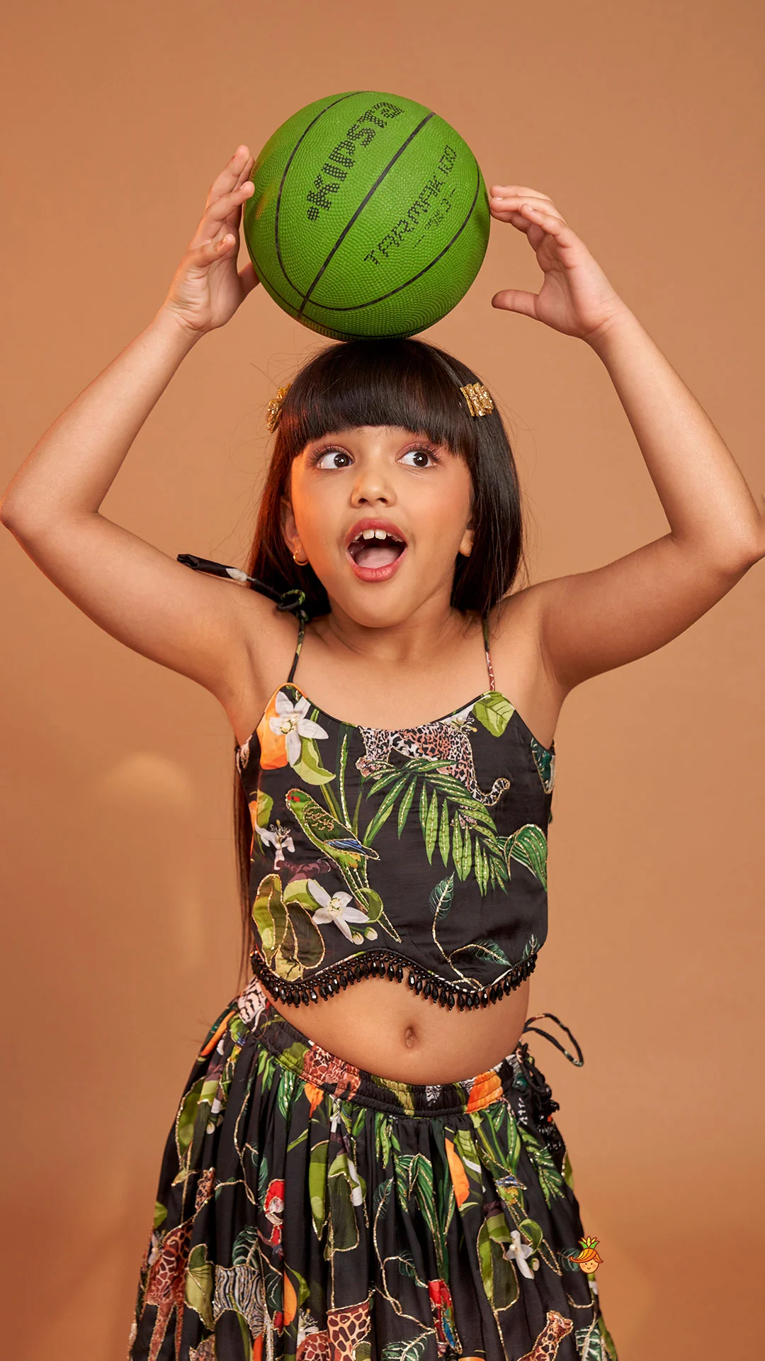 Black Tropical Print Strappy Top With Lehenga - Image 7