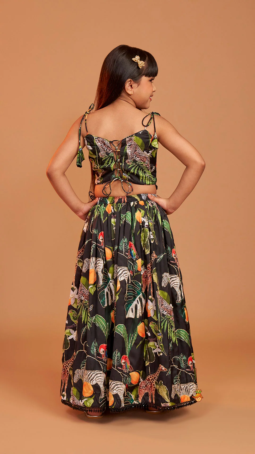 Black Tropical Print Strappy Top With Lehenga - Image 9