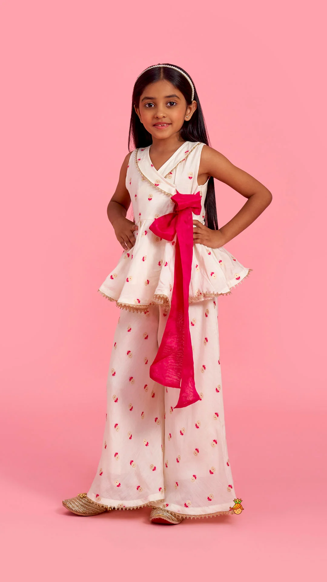 Block Print Off-White Kurta And Palazzo Set - Image 2