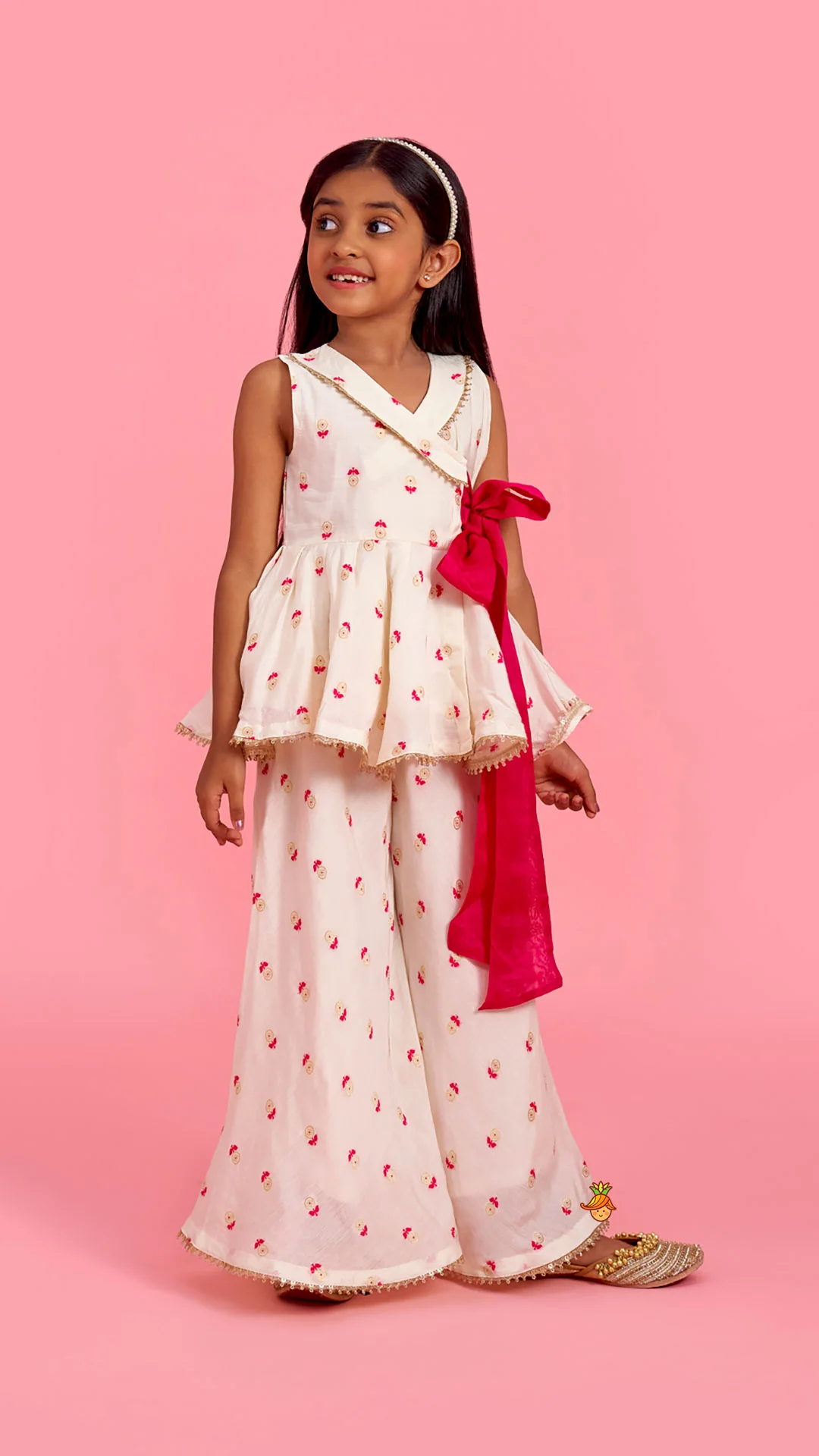 Block Print Off-White Kurta And Palazzo Set - Image 3