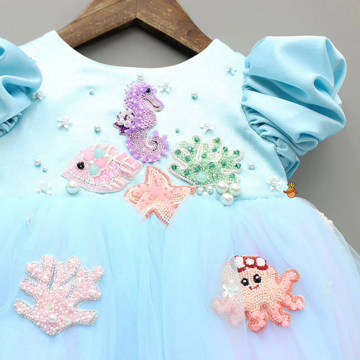 Blue And Pink Satin Dress With Sea Creature Embroidery - Image 3
