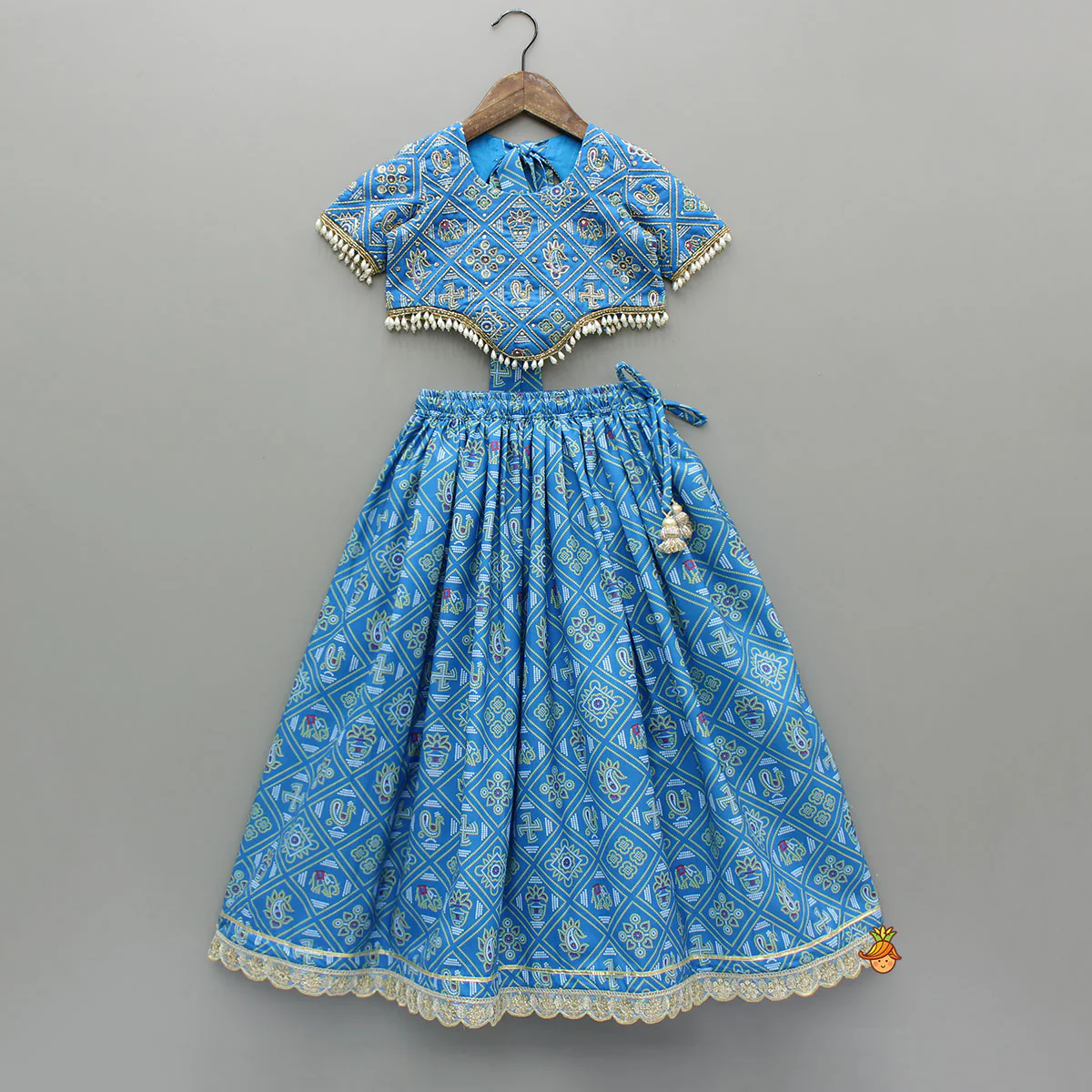 Blue Bandhani Printed Top With Lehenga And Dupatta - Image 3