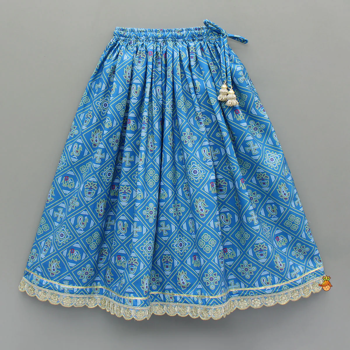 Blue Bandhani Printed Top With Lehenga And Dupatta - Image 5