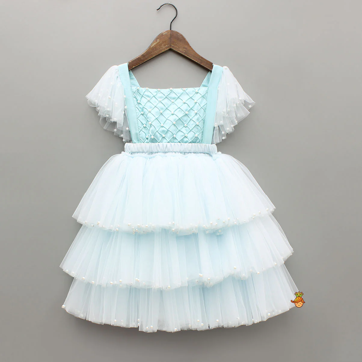 Blue Embellished Strappy Back Tie Up Frilly Layered Dress And Matching Hairclip - Image 3