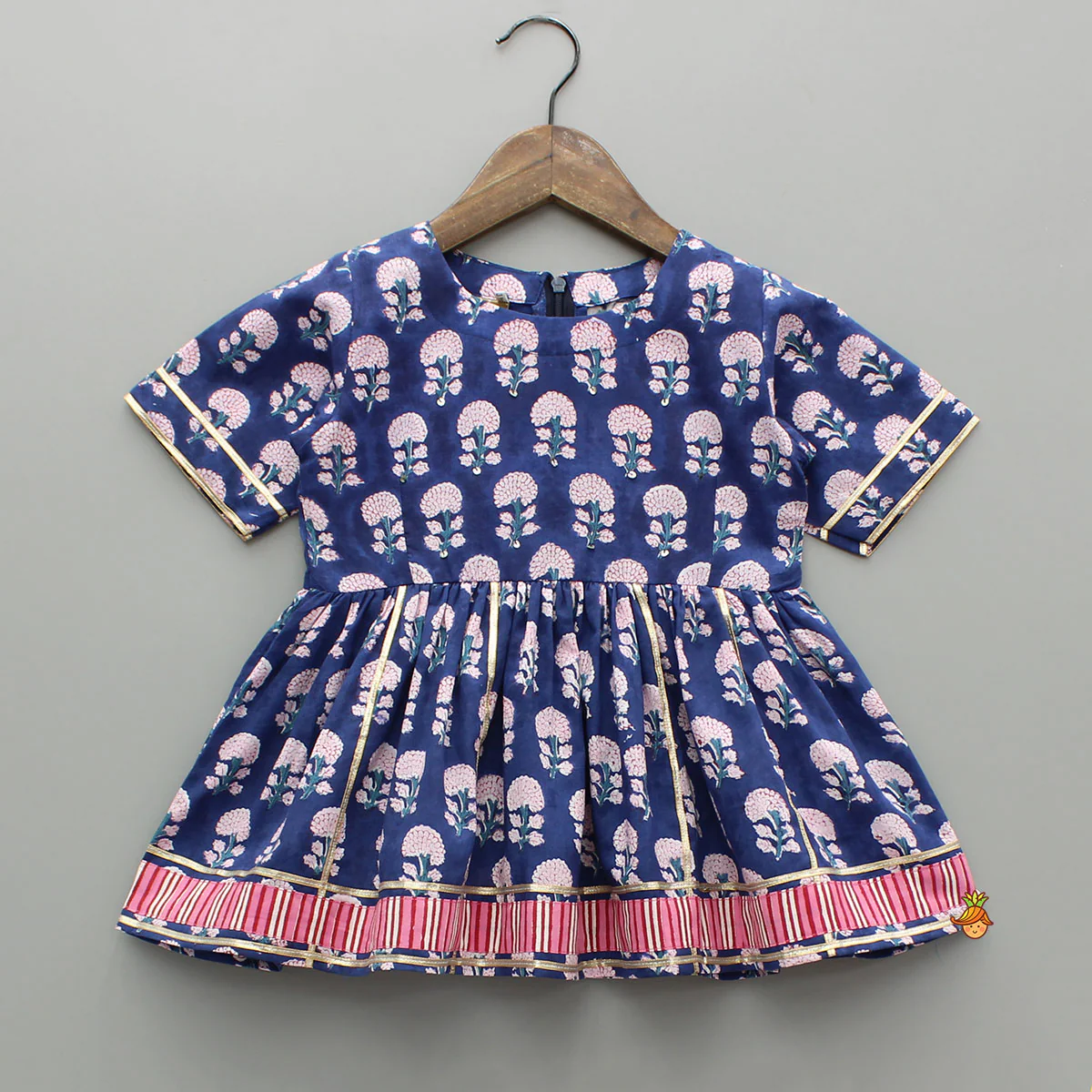 Blue Floral Printed Kurti With Pink Stripe Printed Layered Sharara - Image 3
