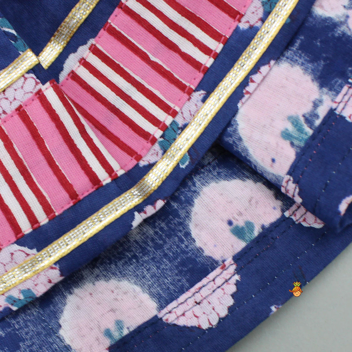 Blue Floral Printed Kurti With Pink Stripe Printed Layered Sharara - Image 5