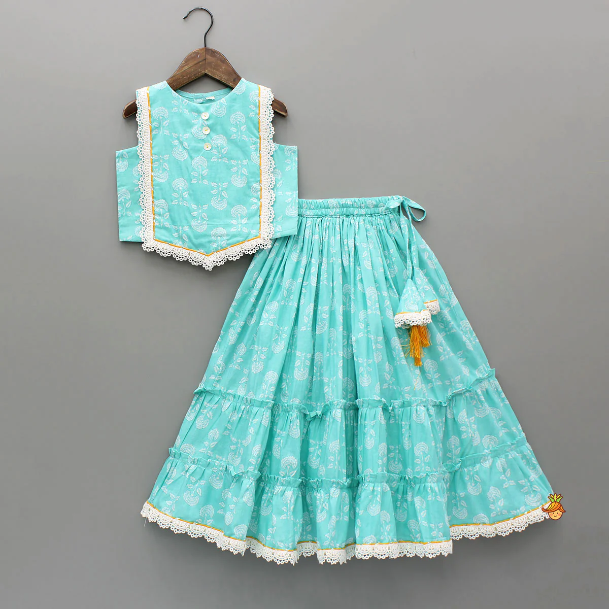 Blue Floral Printed Lace Top And Tiered Lehenga