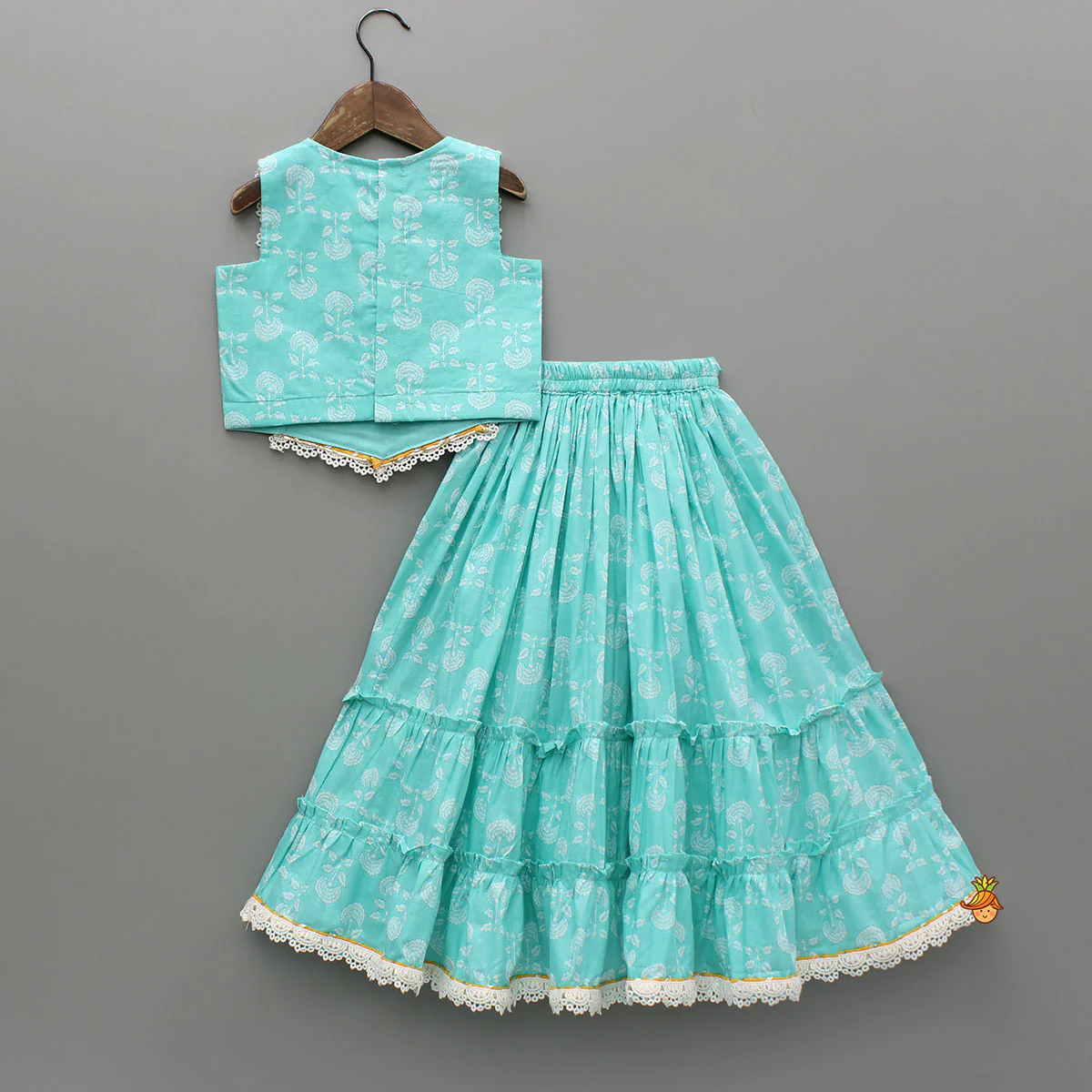Blue Floral Printed Lace Top And Tiered Lehenga - Image 2