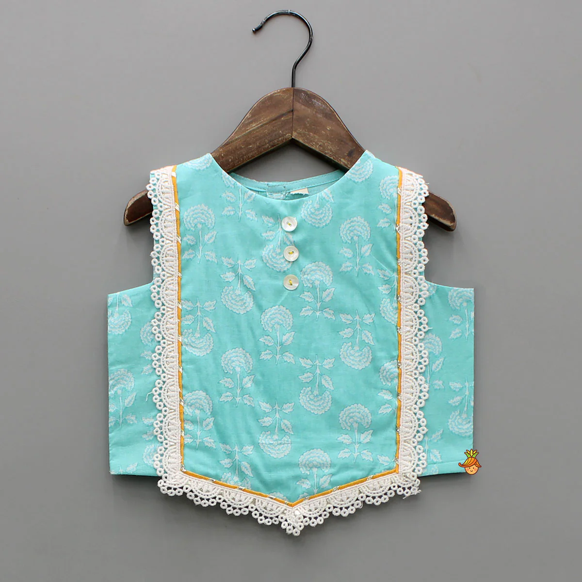 Blue Floral Printed Lace Top And Tiered Lehenga - Image 3