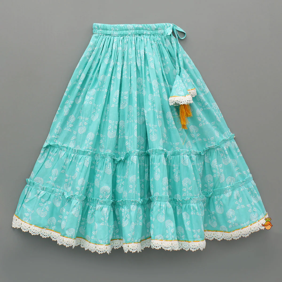Blue Floral Printed Lace Top And Tiered Lehenga - Image 4