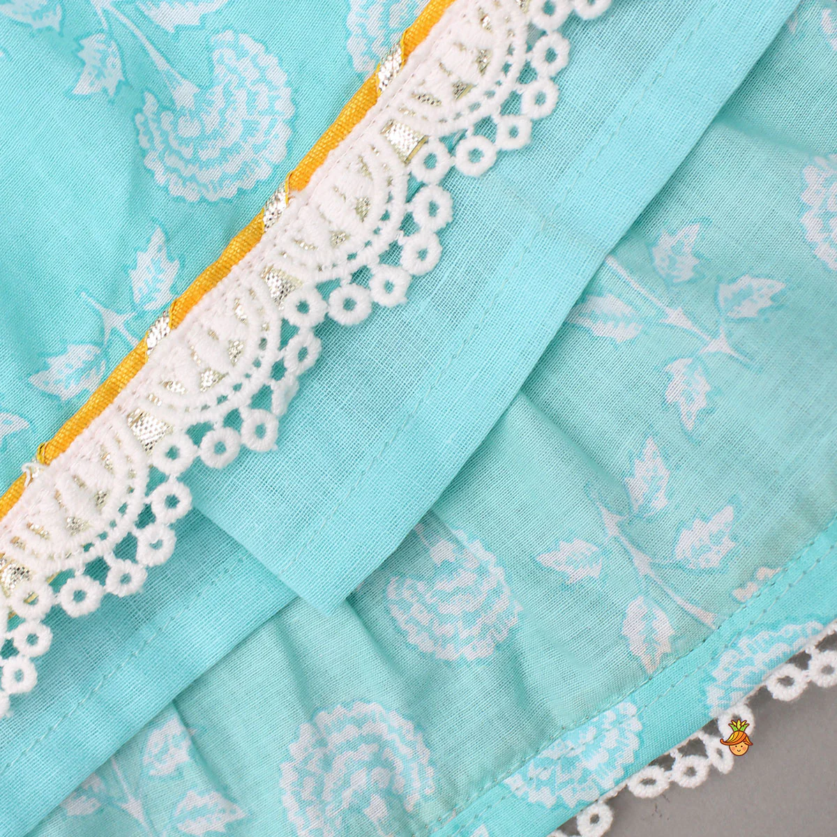 Blue Floral Printed Lace Top And Tiered Lehenga - Image 6