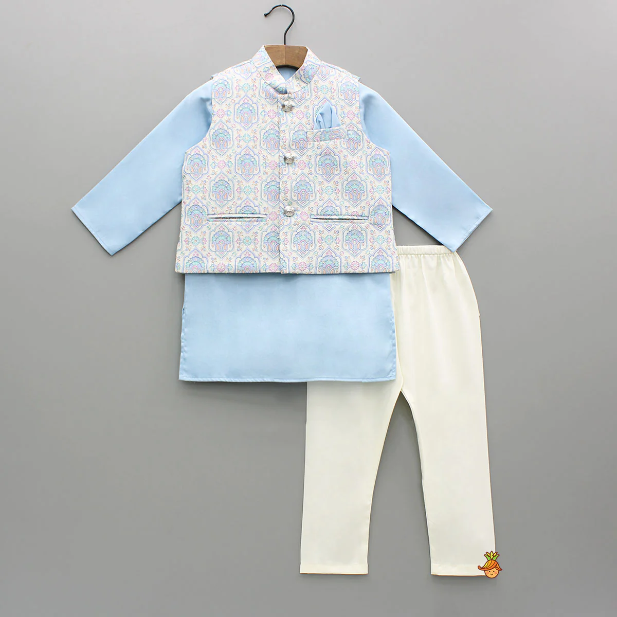 Blue Kurta With Printed Embroidered Jacket And Pyjama