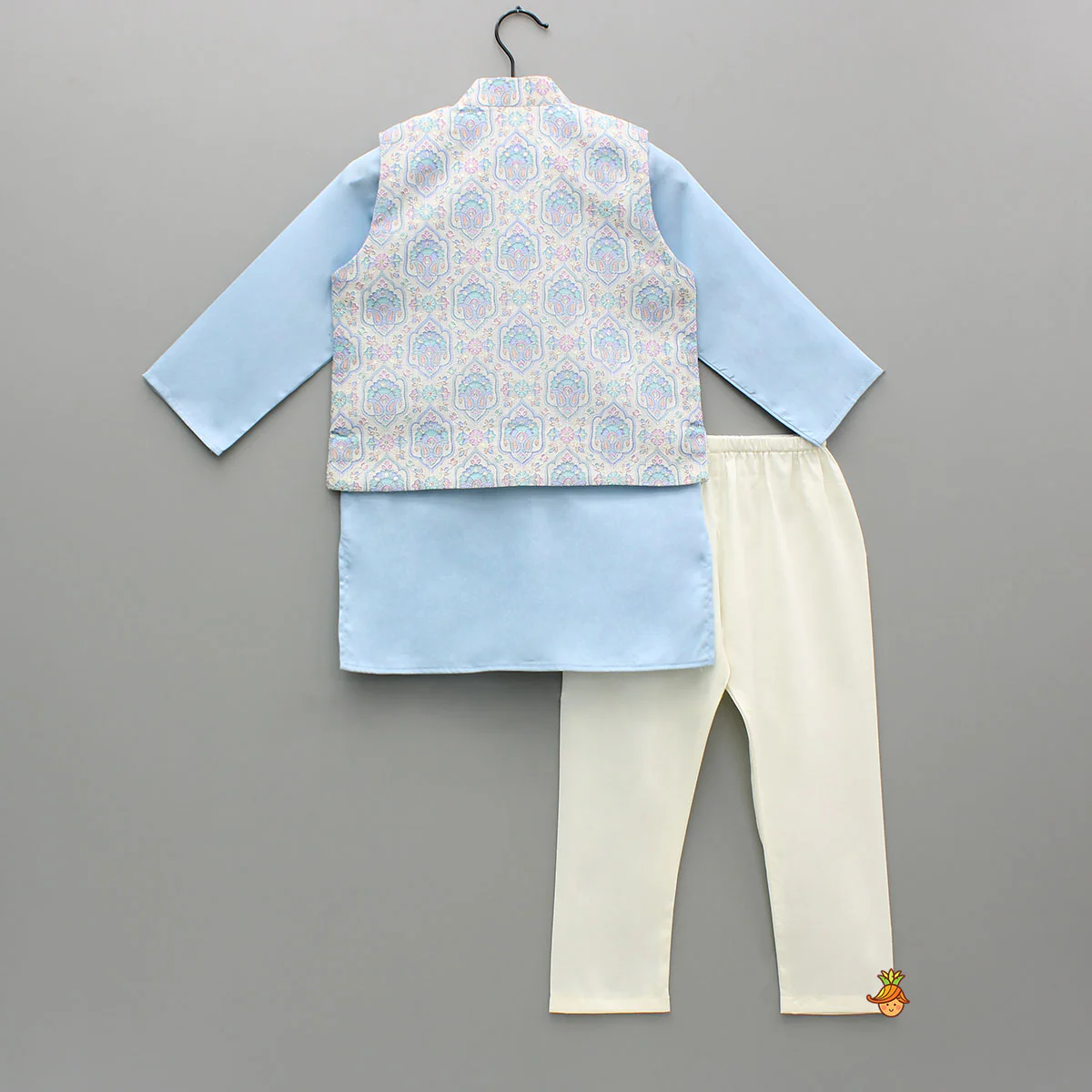 Blue Kurta With Printed Embroidered Jacket And Pyjama - Image 2
