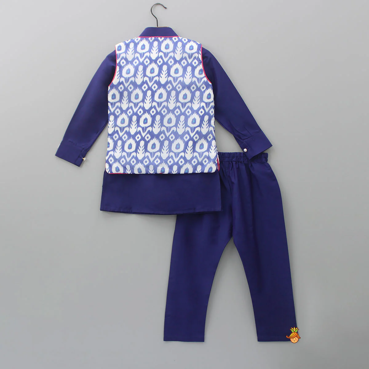 Blue Kurta With Printed Stylish Jacket And Pyjama - Image 2